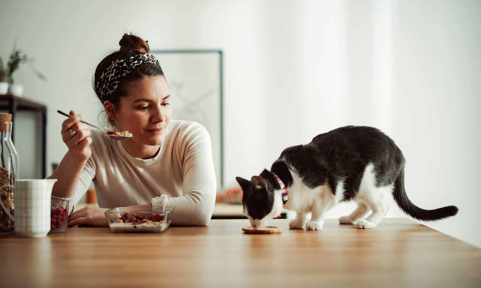 Woman and cat eating a meal